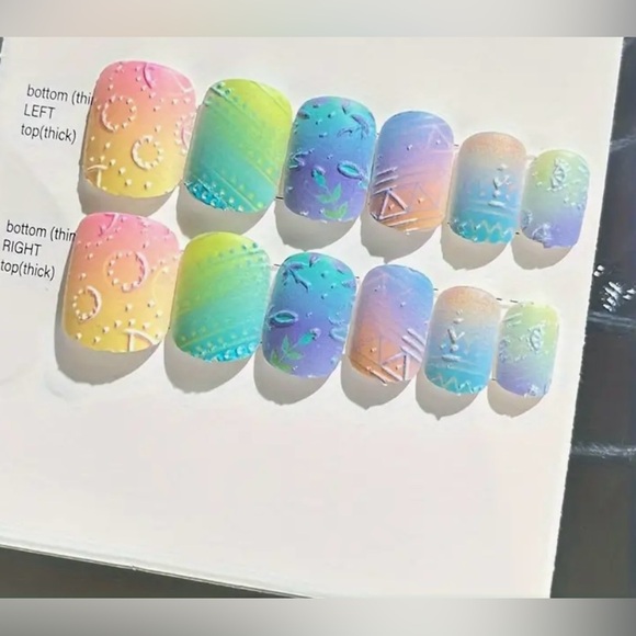 96pc Press On Gradient Short Square Nails For Girls Nails+File+Jelly Gel Tabs - Picture 2 of 8